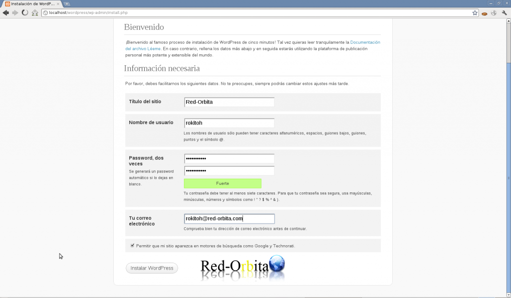WordPress install form