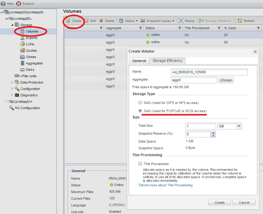 Crear volumen y LUN en netapp