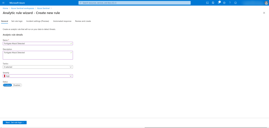 Creación de reglas en Azure Sentinel para Fortigate