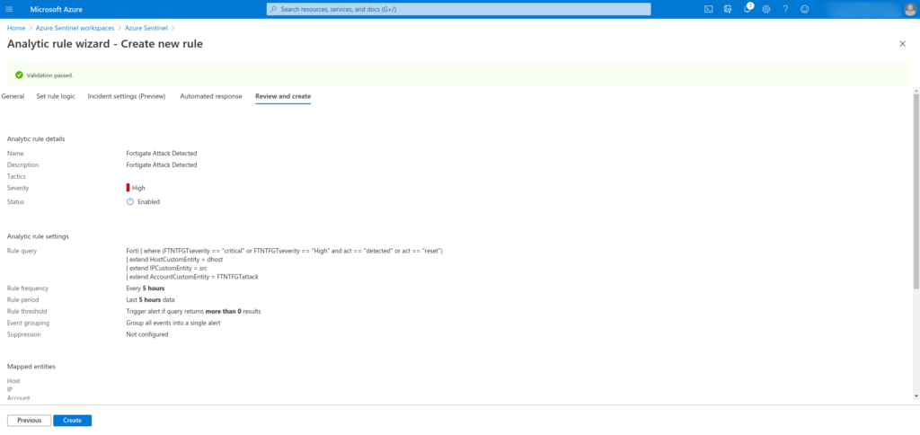 Creación de reglas en Azure Sentinel para Fortigate