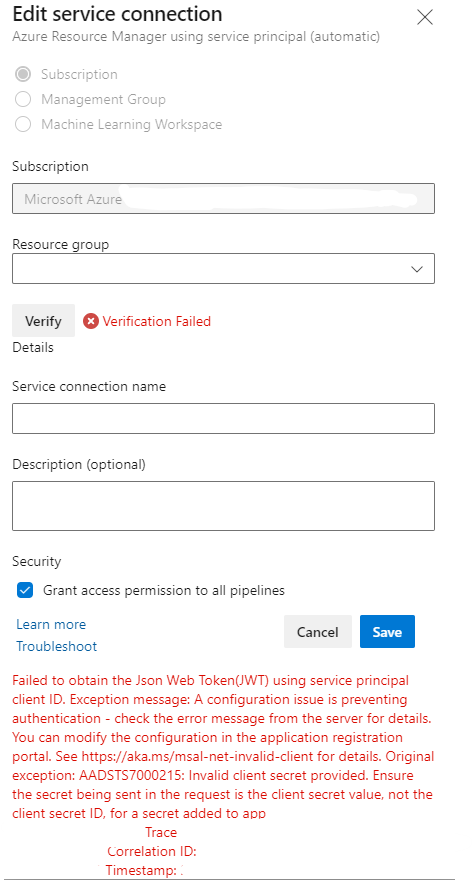 Error Invalid client secret provided en Azure DevOps