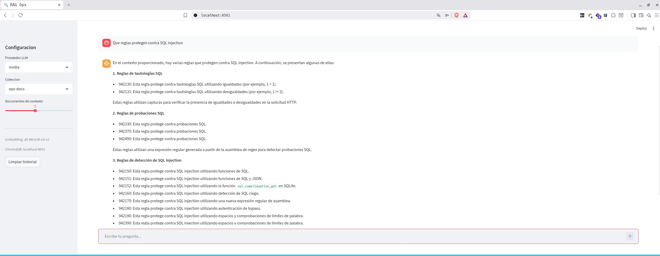 Consulta sobre reglas SQL injection en la interfaz Streamlit del RAG