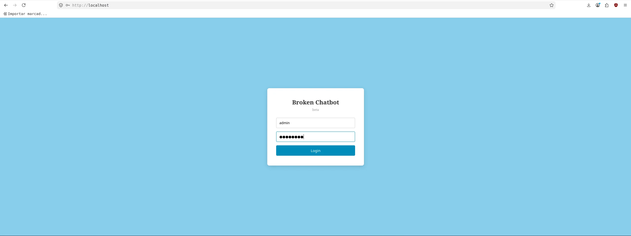 Pantalla de login del Broken Chatbot beta, con usuario admin.