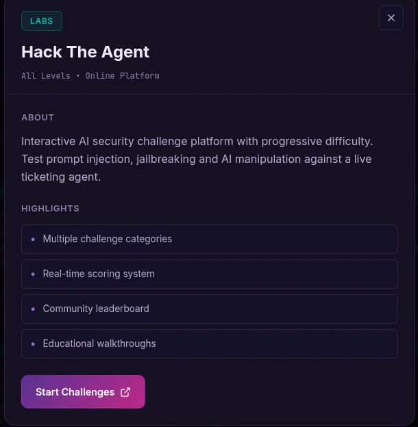 Pantalla de inicio de HackTheAgent: plataforma de retos de seguridad IA contra un agente de ticketing en vivo, con el botón "Start Challenges".