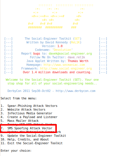 Using SMS Spoofing from SET